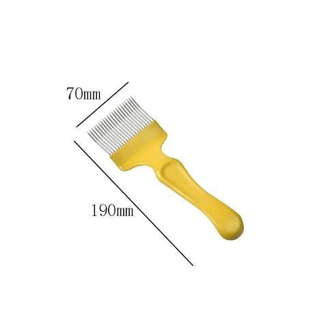 Pro Grade Beekeeping Uncapping Fork With 21 Tines, Stainless Steel Hive Tool, yellow handle, 190x70mm dimensions shown