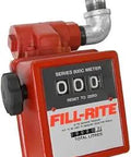 Red Fill-Rite three-wheel meter, part of One Inch 19-76 LPM Three Wheel Gravity Meter With Strainer Aluminum Fuel Transfer Liter Meter.