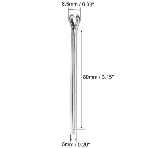 8 Piece Split Cotter Pins Set 5mm By 80mm Stainless Steel 304 Two Prongs For Secure Clevis Pins And Castle Nuts Great For DIY Garage Projects And Auto Maintenance product image showing single pin with dimensions. Diameter 5mm, length 80mm, head 8.5mm.
