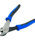 Heavy Duty 8 Inch Diagonal Cutting Pliers With High Leverage Design Made In USA, blue handle, short jaws, beveled edges