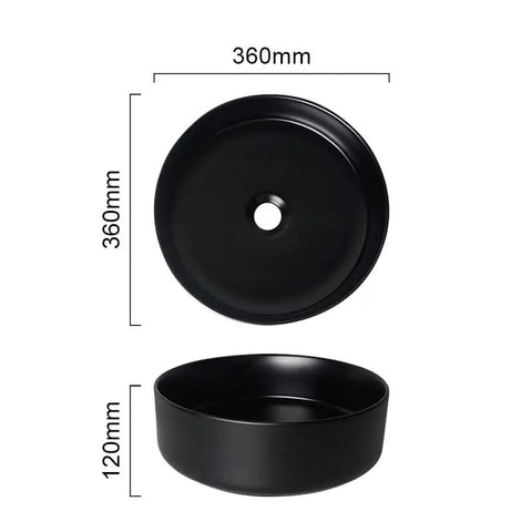 USZWBY Vessel Sinks Nordic Matte Black Round Art Sink, 360mm diameter, 120mm height, ceramic wash basin.
