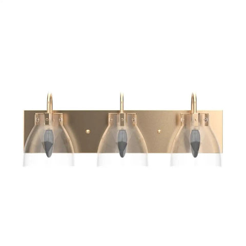 Front view of 3 Light Modern Vanity Light Fixture in Brass Finish With Clear Glass Shades For Bathroom, 22 Inch Long Wall Mount Vanity Lighting Bar.