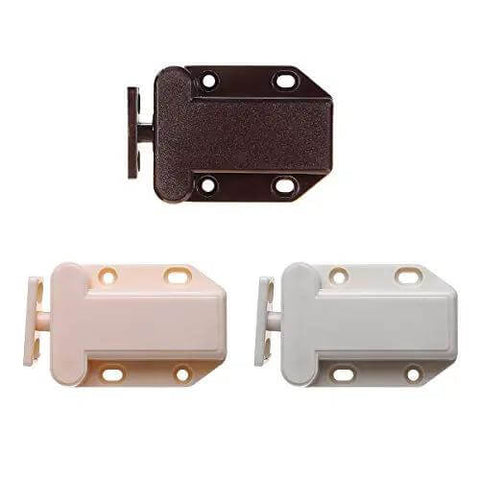 Push To Open Cabinet Latch Auto Retracting Cupboard Door Catch With Fuss Free Install Self Closing Wardrobe Lock Rock Solid Abs Stopper Works Like A Charm For Home in brown, cream, and white colors.