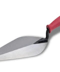 Side view of London Style Brick Trowel 12 X 5 Inch with red soft grip handle and durable steel blade for bricklaying and concrete work.