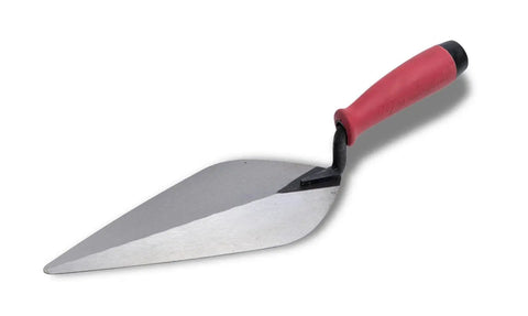 Side view of London Style Brick Trowel 12 X 5 Inch with red soft grip handle and durable steel blade for bricklaying and concrete work.