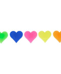 Five multicolor heart-shaped beads from 70 Piece Multicolor Heart Shaped Spoke Bead Set for Bikes With Clip On Design Durable Plastic Wheel Decorations