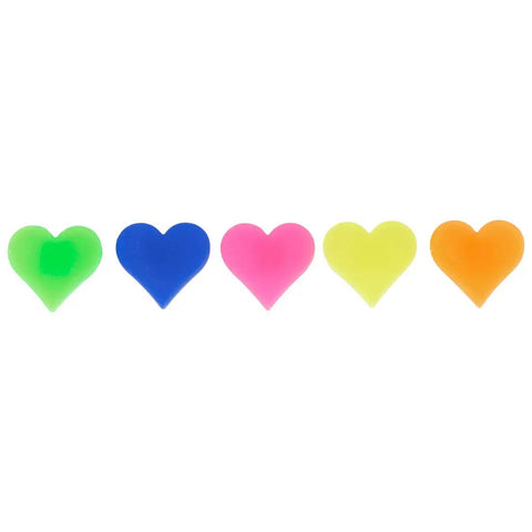 Five multicolor heart-shaped beads from 70 Piece Multicolor Heart Shaped Spoke Bead Set for Bikes With Clip On Design Durable Plastic Wheel Decorations