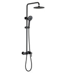 Exposed Shower System with Waterfall Tub Spout Rainfall Shower Set Black, wall-mounted black metal shower faucet with dual showerheads.