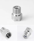 Stainless steel 1/2 in check valve, male-to-female threads, flow arrow, three-view collage