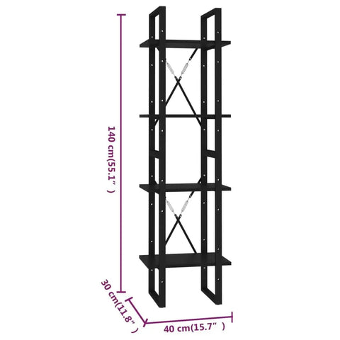 Black Four Tier Book Cabinet With Engineered Wood Shelving Industrial Style Tall Bookshelf for Living Room dimensions