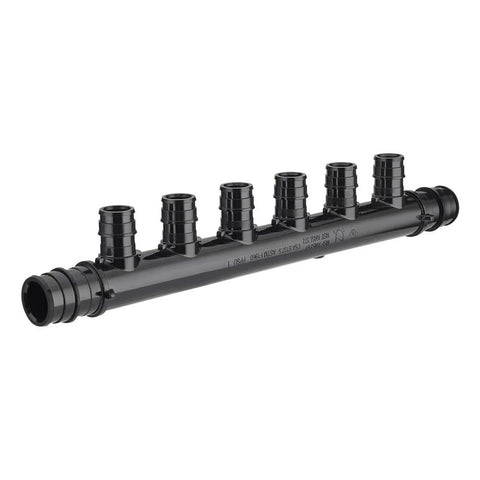 Six-port PEX manifold (PPSU) for open PEX-A expansion, 3/4 in trunk, 1/2 in ports, black
