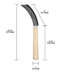 Harvest Sickle With Wooden Handle, Serrated 5 Inch Blade, Straight End For Clean Cuts, Garden Tool dimensions shown in image.