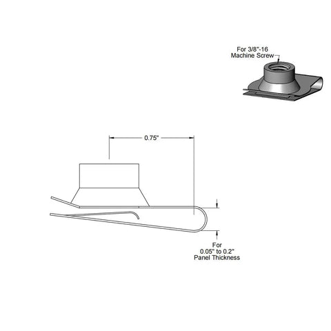 Diagram of 3/8-16 Stainless Steel U Style Clip-On Nut Pack of 10 For Panels 0.05 to 0.2 Inch Thick with side and top view.