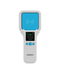 UHF RFID Reader SR300 Bluetooth Handheld Scanner with display screen, white and blue, for inventory management in stores.