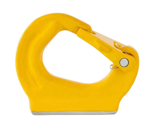 Side view of a yellow weld-on anchor hook, 4 Pack Weld On Anchor Hooks 2 Ton G80 For Wrecker Crane Tractor Rigging And Lifting 4400 Lbs Working Load Limit.