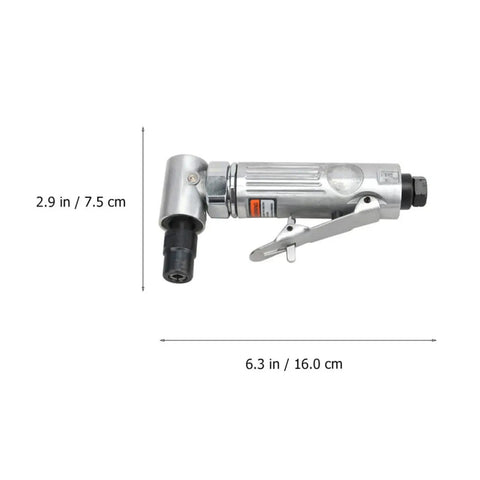 Professional Grade Rock Solid 90 Degree Pneumatic Die Grinder Kit showing compact design with 2.9 in height, 6.3 in length for precision tasks.