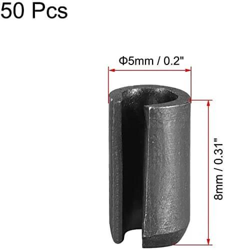 Slotted Spring Pin Set 5mm By 8mm Plain Finish 65Mn Roll Assortment Kit, close-up of slotted pin with measurements