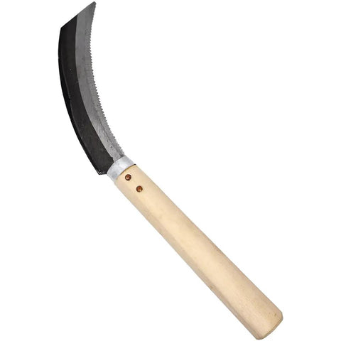 Harvest Sickle With Wooden Handle, Serrated 5 Inch Blade, Straight End For Clean Cuts, Garden Tool For Row Crops And Thick Stems.