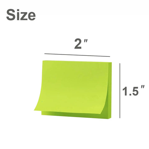 Small 1.5x2 Inch Sticky Notes shown with size dimensions in green, 50 Pads With 50 Sheets Each, 10 Bright Colors.