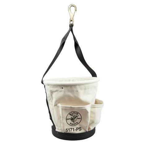 Heavy Duty Tapered Wall Bucket With Four Pockets For Pros, A Real Workhorse, Durable HDPE Top Ring, front view showing pockets