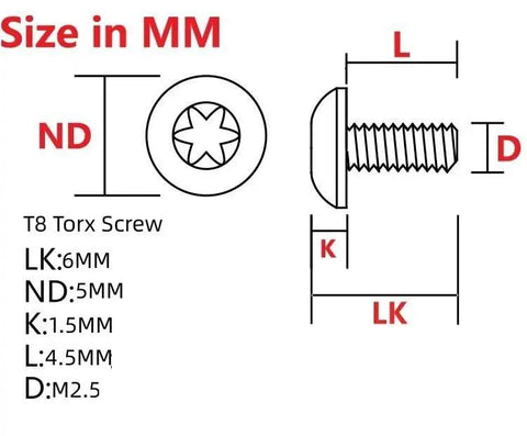 High Strength Pro Grade T8 Torx Titanium Screws Featuring M2.5 Thread sizing diagram with dimensions, showing length and diameter details.