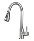 Kitchen faucet in brushed nickel finish with a high arc and pull-down sprayer for versatile use.