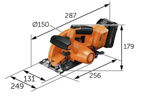 Built Tough Cordless Circular Saw For Spark Free Cold Cuts On Sheet Metal And Steel Pipe Works Like A Charm With Standard 18V Packs, side view with dimensions.