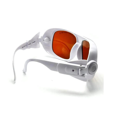 Straight Up Laser Safety Goggles Delivering Grind Proof Eye Protection Across 532Nm 980Nm And 1064Nm With OD4 Plus Shield For Yag Tools And Workshop Grind. White frame with orange tinted lenses.