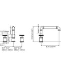 Technical drawing of Industrial Black and Rose Gold Widespread Bathroom Sink Faucet with dimensions and layout details.
