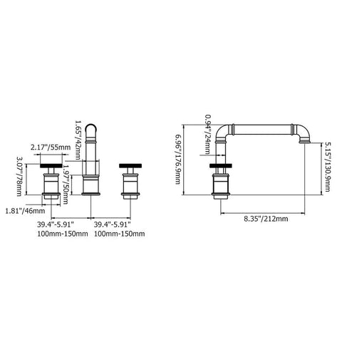Technical drawing of Industrial Black and Rose Gold Widespread Bathroom Sink Faucet with dimensions and layout details.