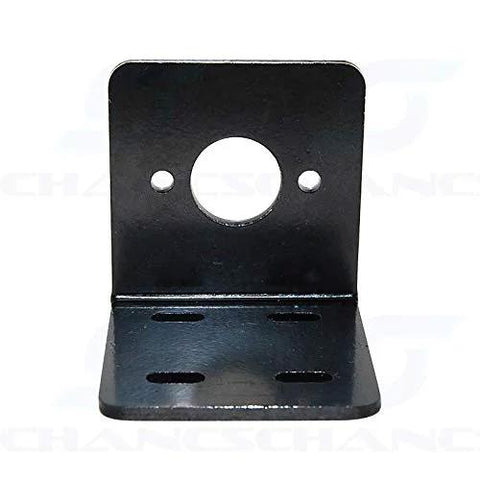 Black metal motor mounting bracket for Micro 775 motors; L-shaped with circular hole on vertical plate and slotted base
