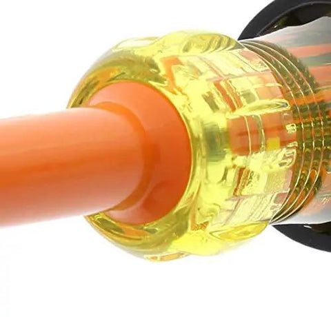 Close-up of Top Shelf Insulated Screwdriver Set Two Piece Heavy Duty Voltage Rated Electrician Tools with orange handle.