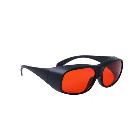 Slick Laser Safety Goggles Featuring Badass OD7 Plus Optics Covering Deep Ultraviolet And Green Beams Across Critical Wavelengths For Precision Lab Safety Gear in black frame with red lenses.
