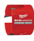 Milwaukee BIGHAWG carbide teeth hole saw with red body, designed for tough cutting tasks and professional use.