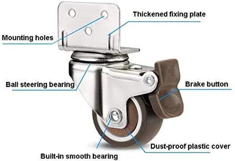 Four Pack L Shaped Caster Mounting Plates Featuring Rubber Brake Lock Wheels Heavy Duty Sealed Bearings Hassle Free Setup Glides Like Butter Floor Safe Top Shelf Universal Furniture Hardware