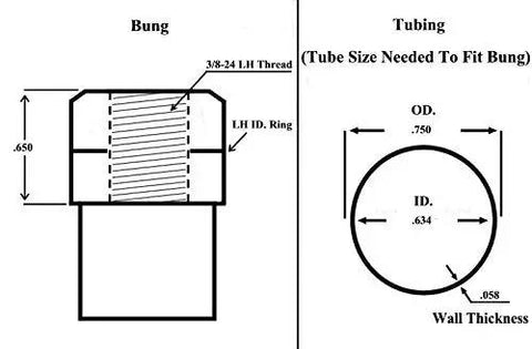 3/8-24 Four Link Rod End Kit Featuring Eight Precision Ground Spherical Bearings And Sixteen Heat Treated Steel Cones Paired With Heavy Duty Nuts, Bung and Tubing dimensions.