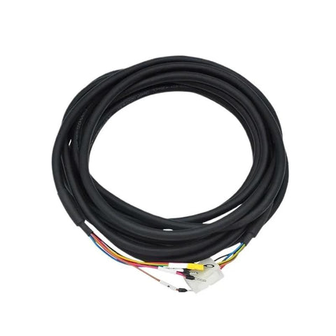 Black servo motor power cable, 10 m drag-chain type, coiled with multicolor wires and white connectors