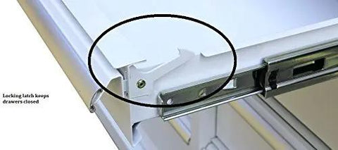 Detail of Snap Tite latch system on Top Shelf 9 Drawer Stainless Steel Tool Cabinet, ensuring drawers stay securely closed.