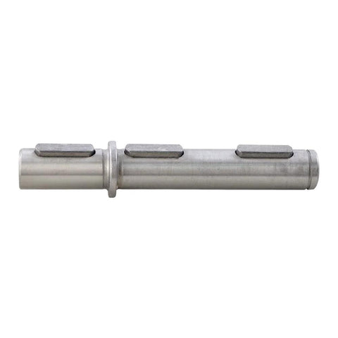 Side view of a silver metal output shaft for NMRV30 worm gear reducer with three flat mounting tabs.