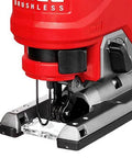Milwaukee M18 FUEL D-handle jigsaw bare tool, red body with metal base plate and exposed blade.