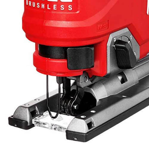 Milwaukee M18 FUEL D-handle jigsaw bare tool, red body with metal base plate and exposed blade.
