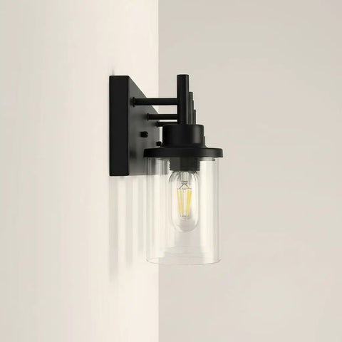 Side view of Three Light Matte Black Vanity Light Fixtures For Over Mirror In Bathroom, Sleek Modern Wall Sconces With Clear Glass Shades