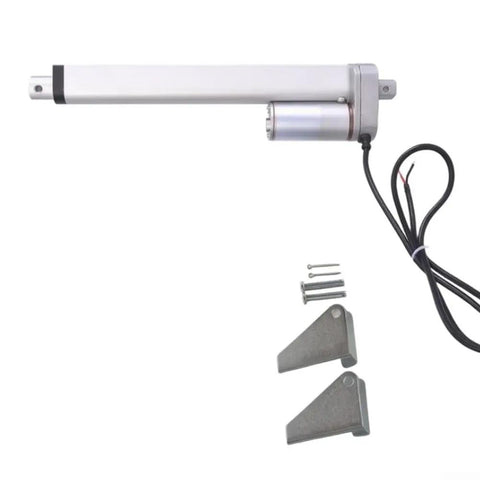 Built Tough 12V DC Electric Linear Actuator With Eight Inch Stroke And Three Hundred Newton Load Racing At One Point Two Inches Per Second For Knockout Ip45 Aluminum Automation Performance with metal mounting brackets and screws.
