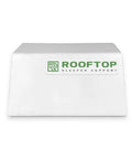 Front view of white PVC rooftop pipe support block with Rooftop Sleeper Support label
