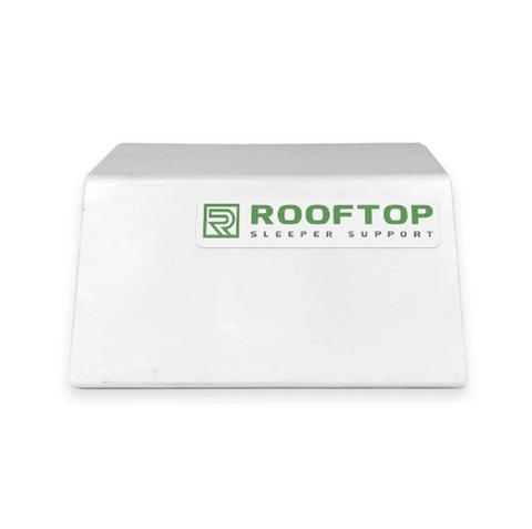 Front view of white PVC rooftop pipe support block with Rooftop Sleeper Support label