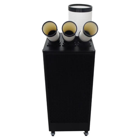 Heavy Duty Industrial Portable Air Conditioner Delivers Killer 22500 BTU Chill With Smooth Rolling Casters And 13L Water Tank, top view, black unit with exhaust hoses