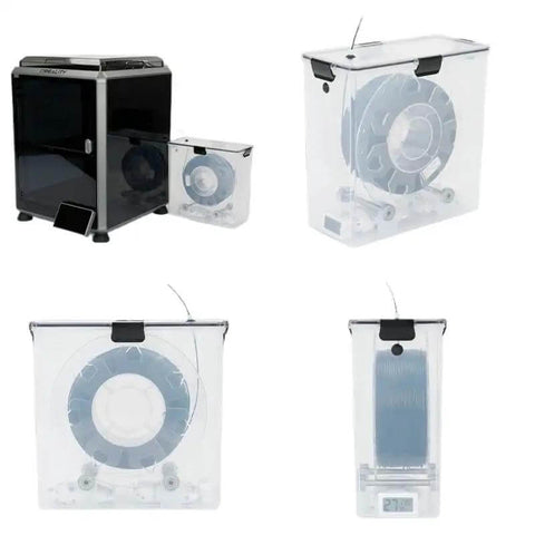 Air Tight Filament Dryer Box With Moisture Resistant Build And Real Time Monitoring For PLA And ABS Filaments Keeps Your Spools Dry And Ready To Print Filament Holder Included, front and side view
