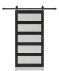 Front view of a 48 Inch By 84 Inch 5 Lite Tempered Frosted Glass Sliding Barn Door With Black Finish Composite Interior Hardware Kit And Rail System.
