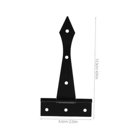 Front view of black iron cabinet tee hinge with 4-hole base plate; 12.5 cm tall.