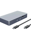 M.2 Dual Bay Nvme Enclosure Stand Acting As An Absolute Powerhouse With Rock Solid Hot Swap Design And Blazing Fast Type C To Usb 3.0 Port For External Hard Disk Storage Solutions, featuring silver finish, multiple ports, and attached cables.